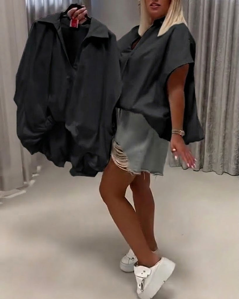 Lapel Loose Fit Batwing Sleeve Blouse