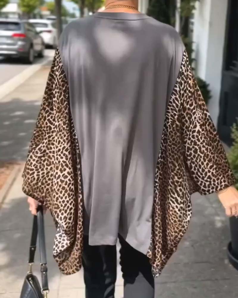 Cheetah Print Patchwork-Sleeve Top