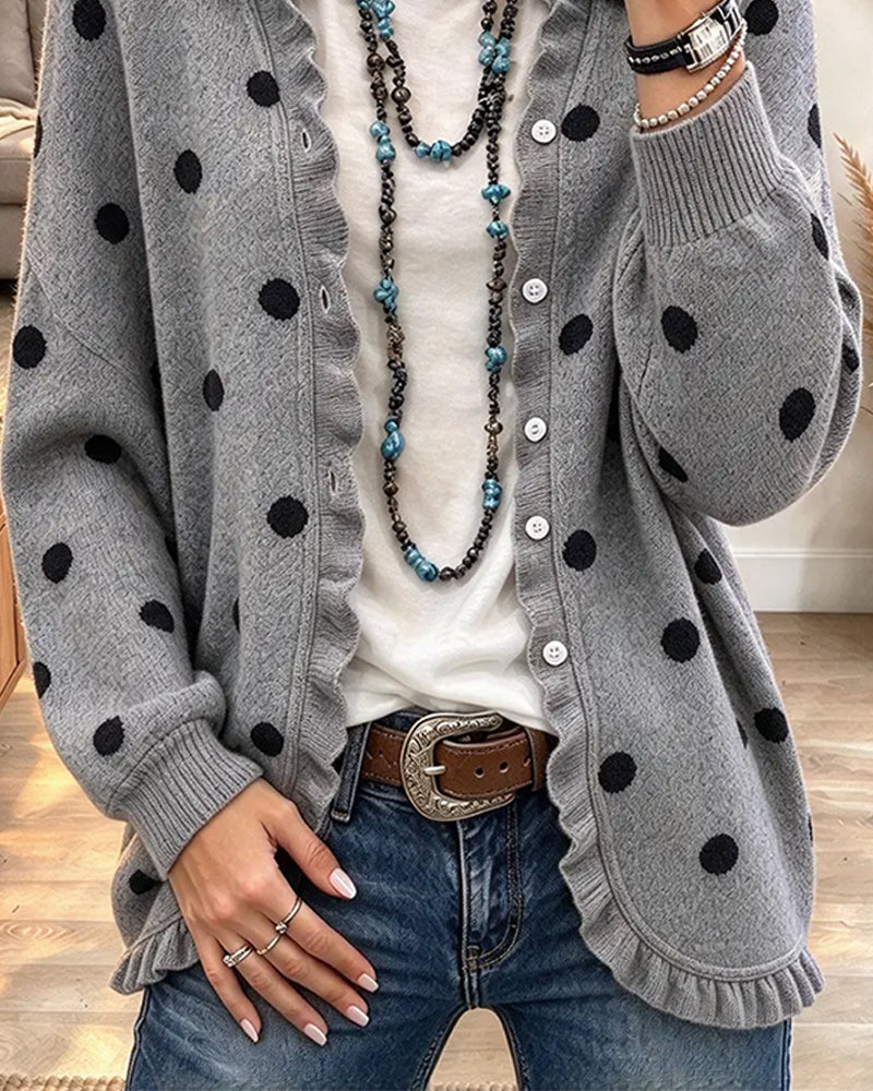 Lapel Ruffled Polka Dot Cardigan
