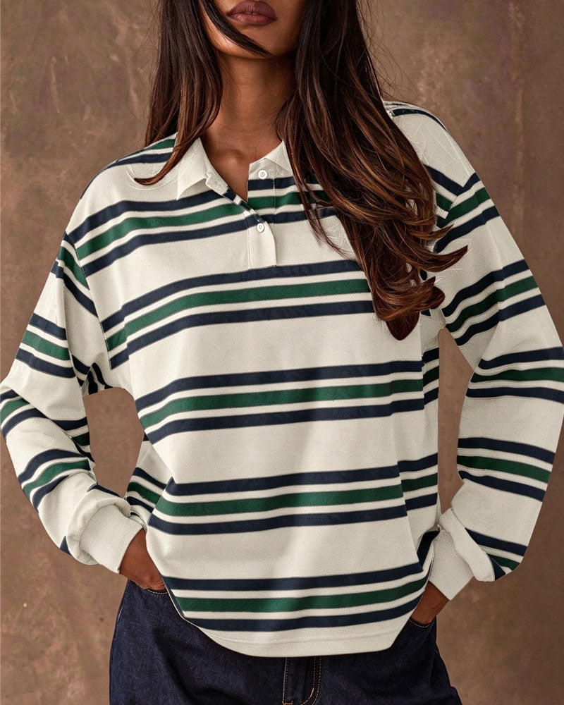Lapel Color Block Striped Long Sleeve Top