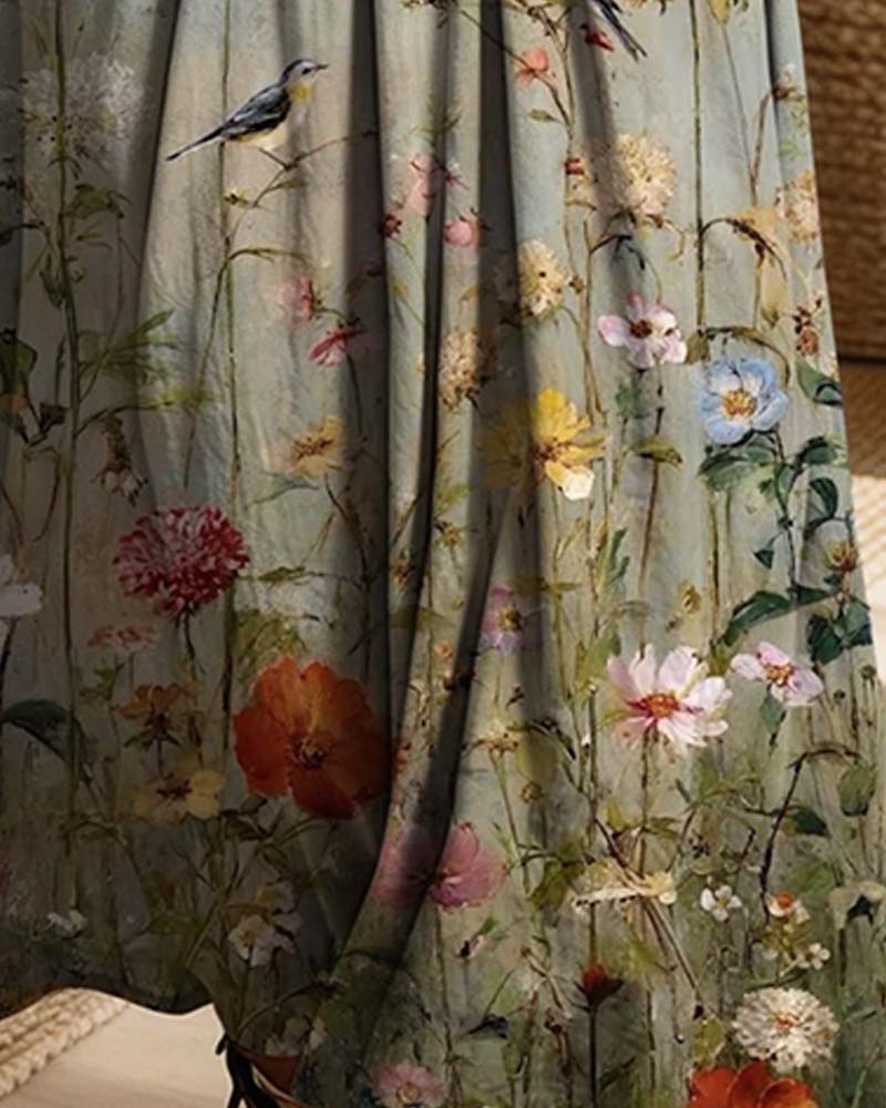 Shirt Collar Floral Denim Patchwork Dress
