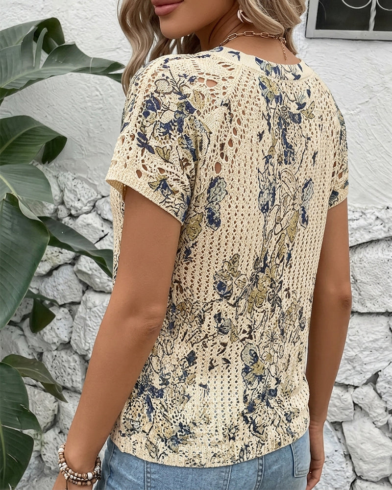 Short-Sleeve Openwork Print Pullover