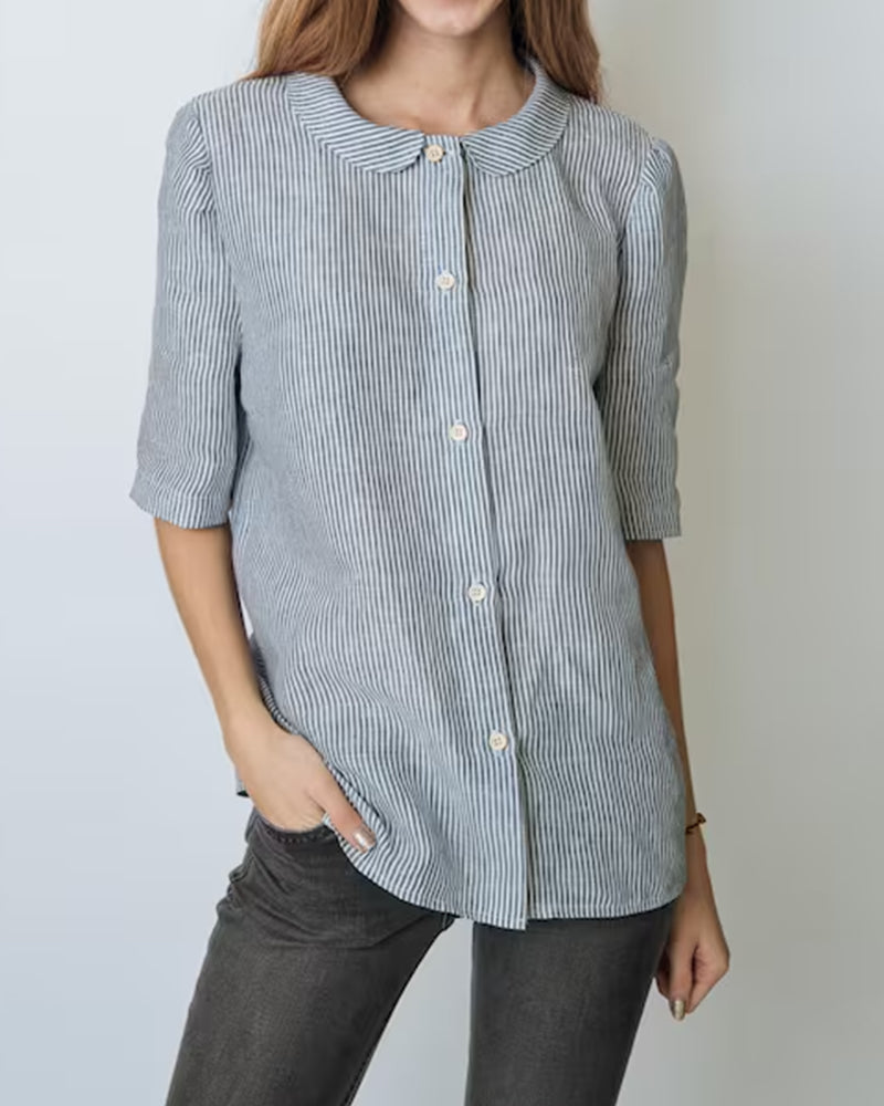 Peter Pan Collar Striped Three-Quarter Sleeve Shirt