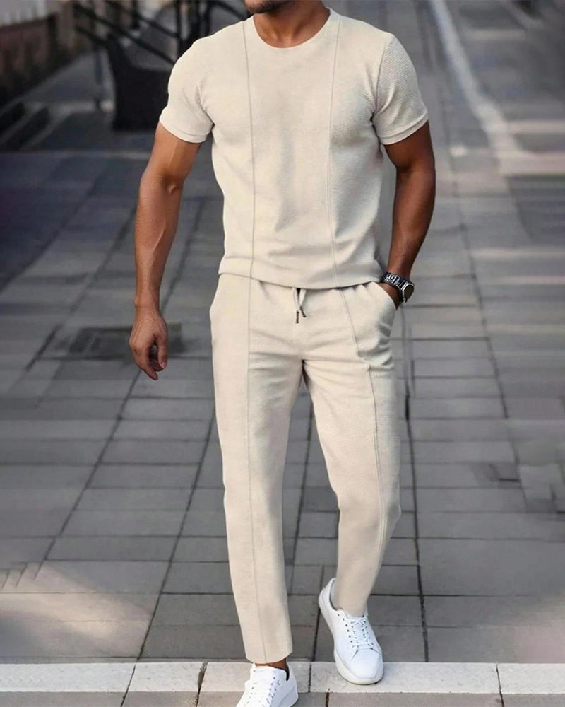Crewneck Solid Color Drawstring Men's Set