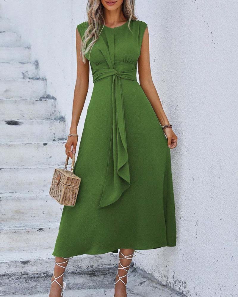 Solid Color Cinched Waist Tie Dress
