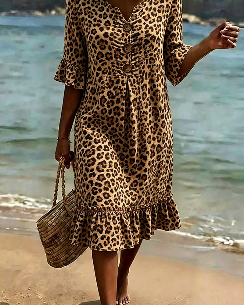 Leopard Print V-Neck Ruffled Dress