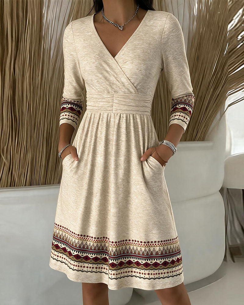 V-Neck Printed Long-Sleeved A-Hem Dress