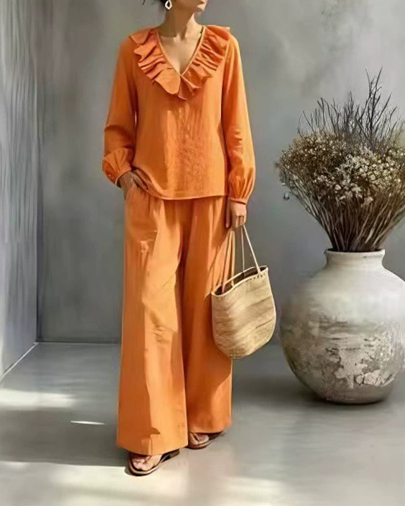 Ruffled V-Neck Long Sleeve Set