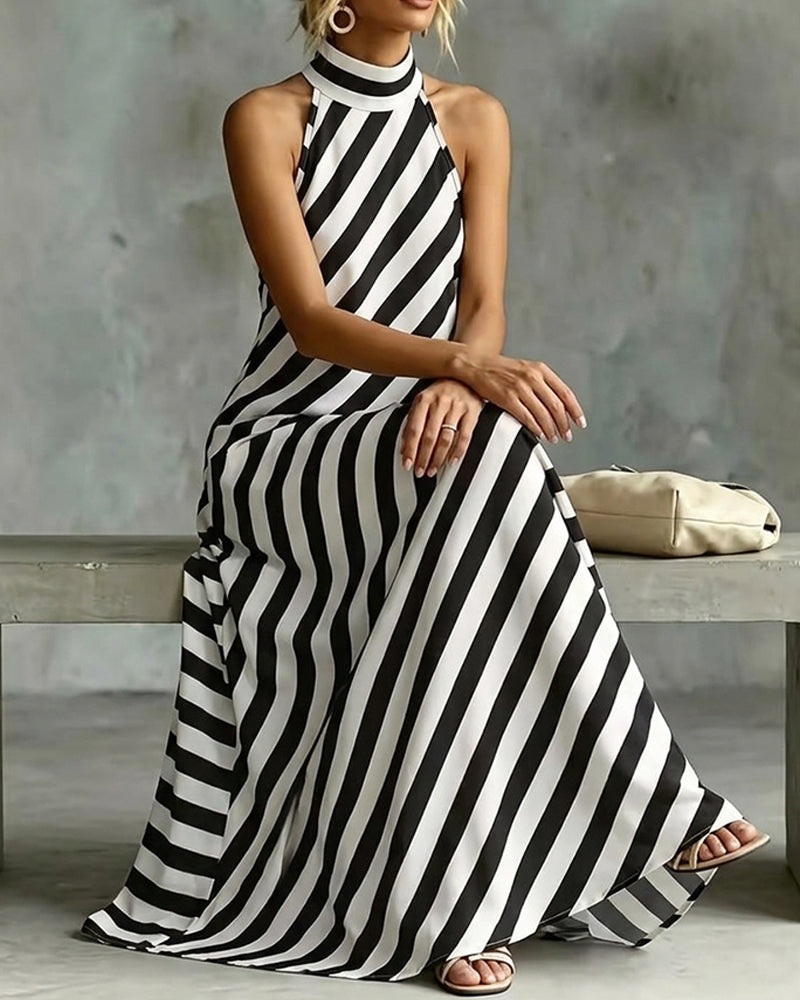 Sleeveless Mock Neck Striped Dress