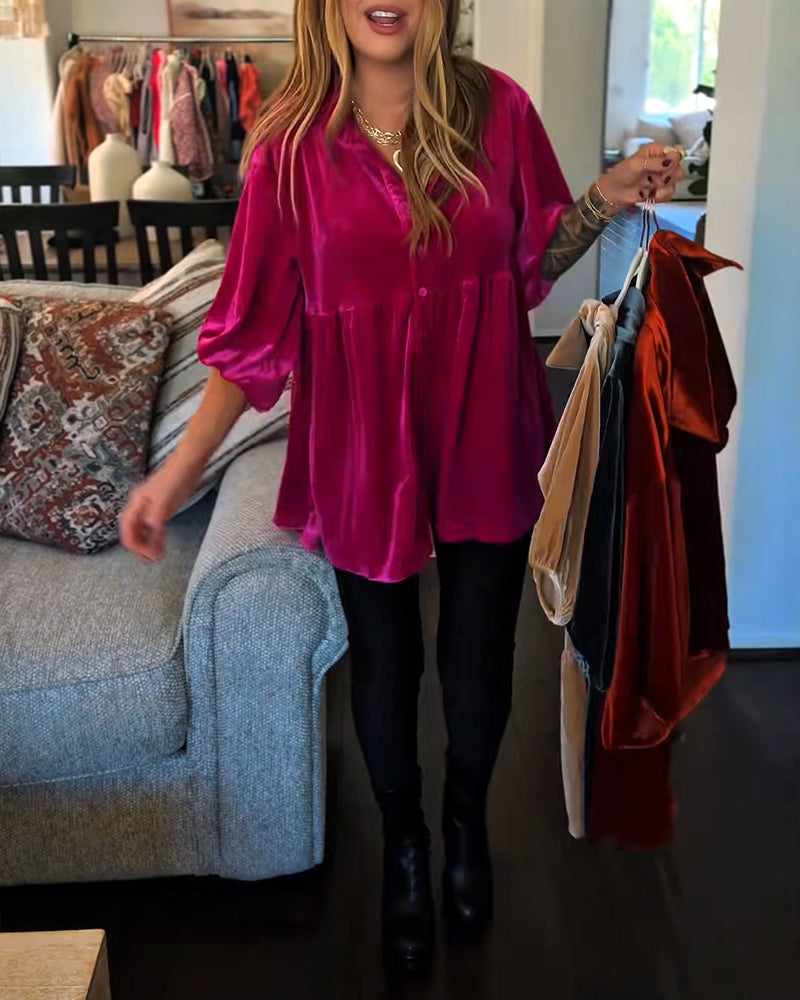 Loose-Fitting Velvet Three-Quarter Sleeve Blouse