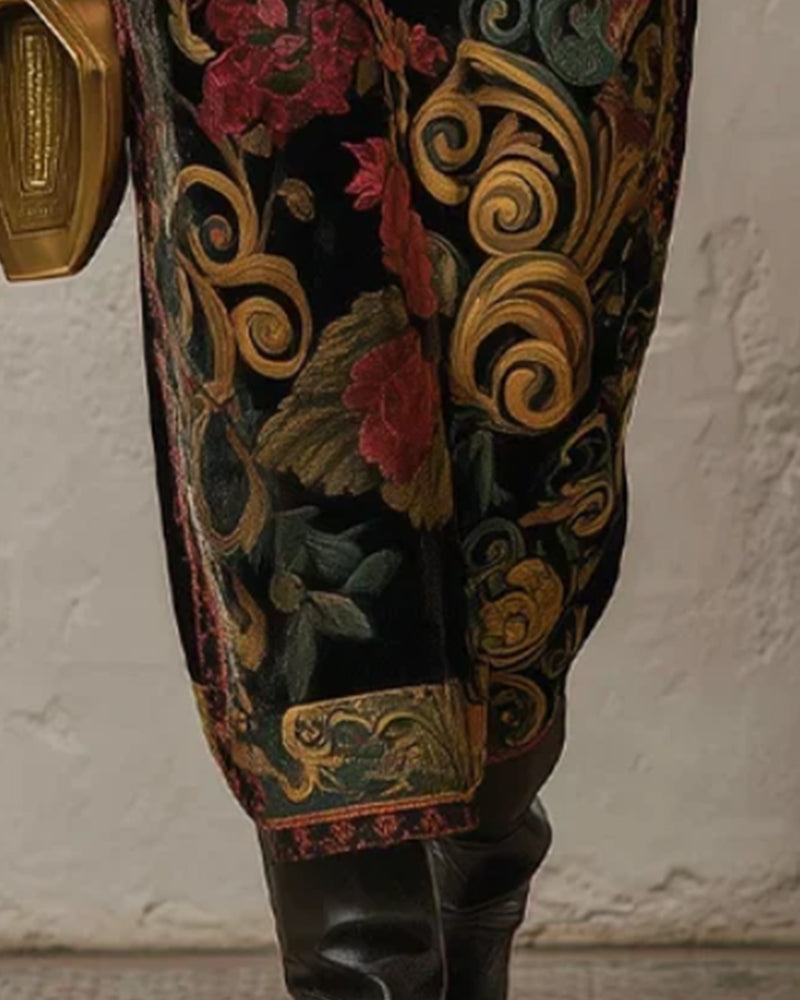 Mock-Neck Floral Velvet Long-Sleeve Maxi Dress