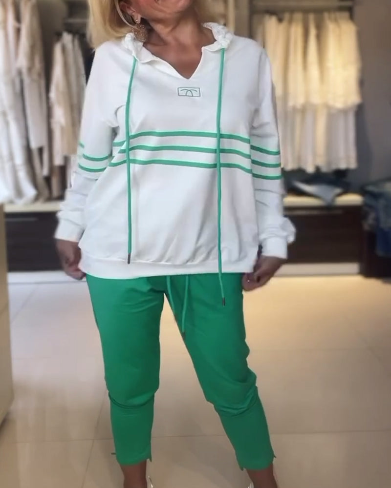 Casual striped print hooded sweatshirt set