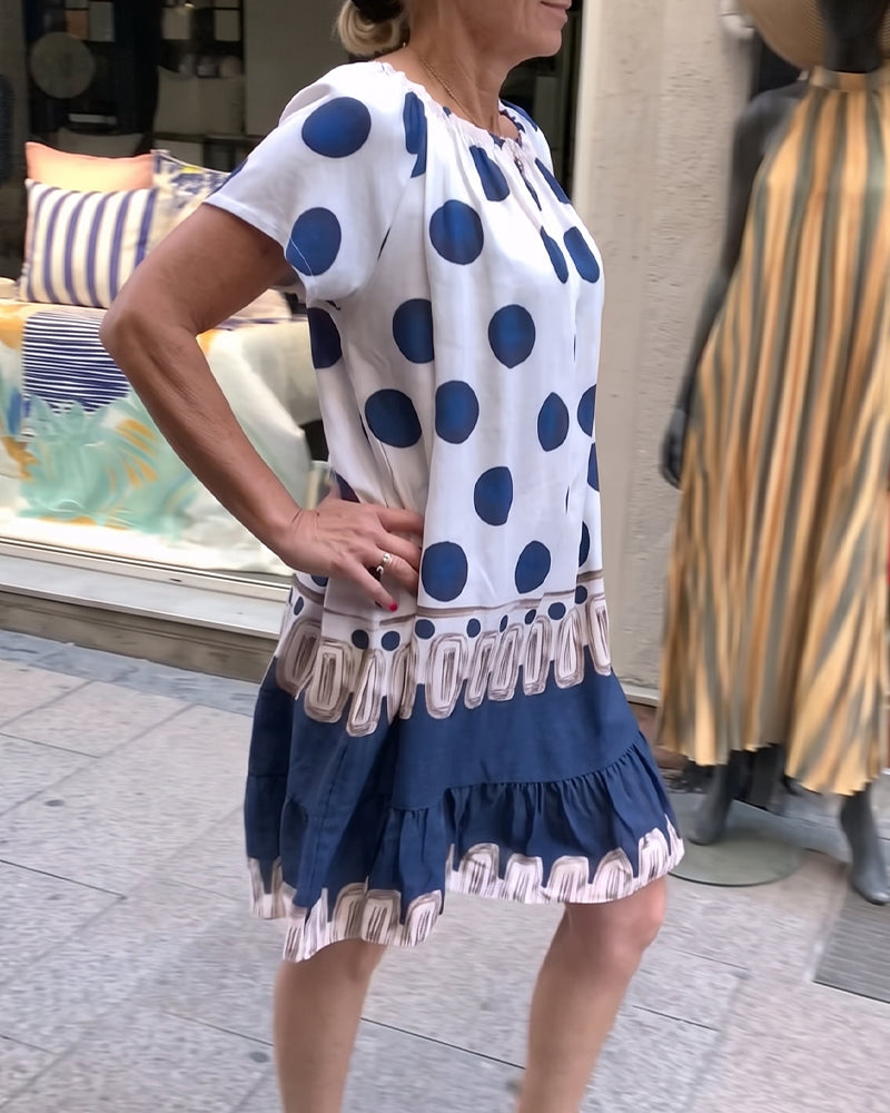 Square Neck Large Polka Dot Ruffle Contrast Dress