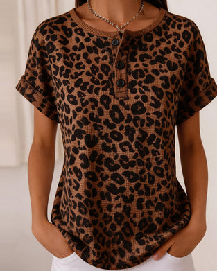 Henley Neck Leopard Print Waffle Top