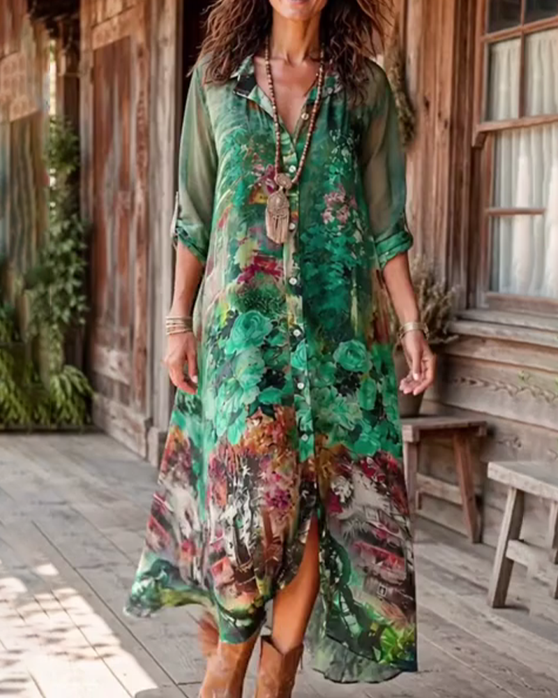 Shirt Collar Slit Floral Dress