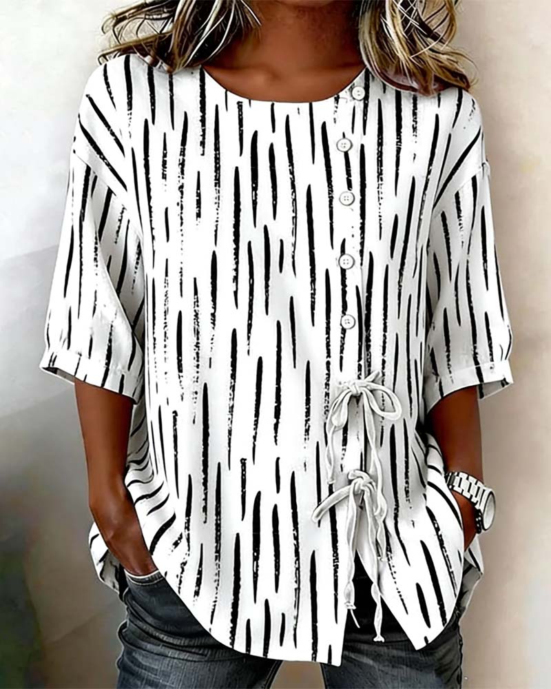Striped Button Three-Quarter Sleeve Top