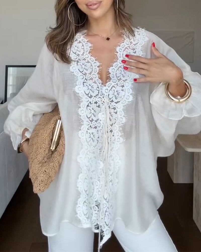 V-Neck Lace Panel Ruffle Blouse