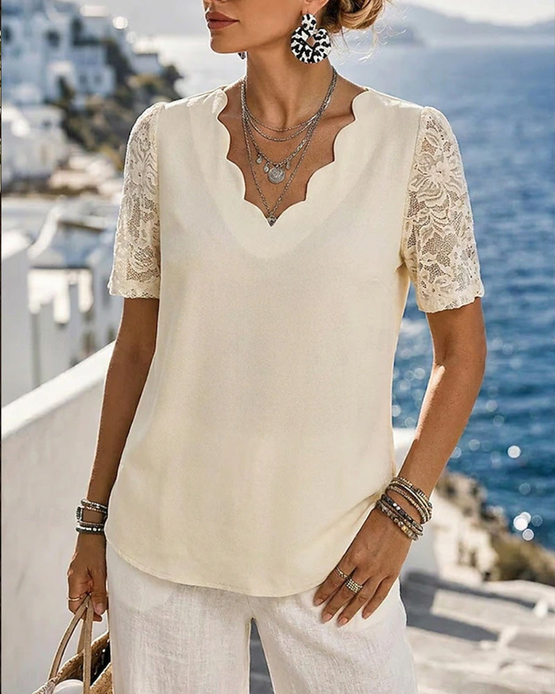V-Neck Lace Patchwork Solid Blouse