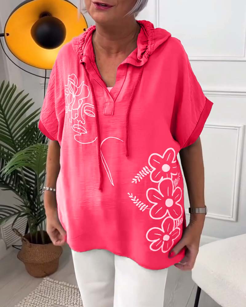 Casual floral print hooded short-sleeve blouse