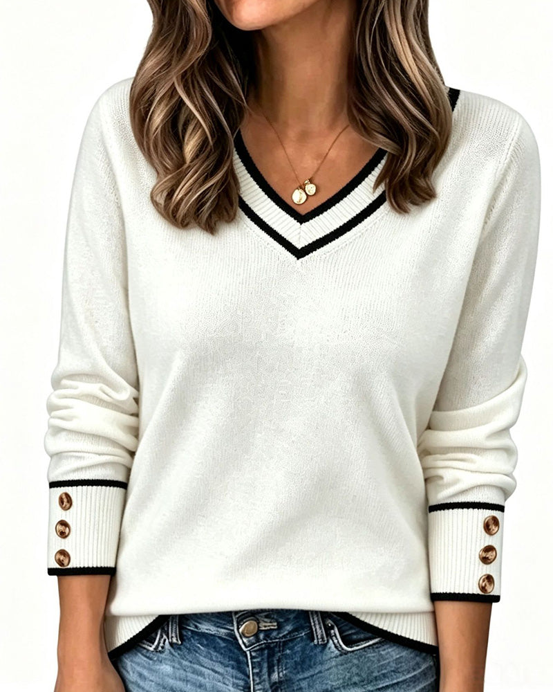 Colorblock V-Neck Trim Button Pullover