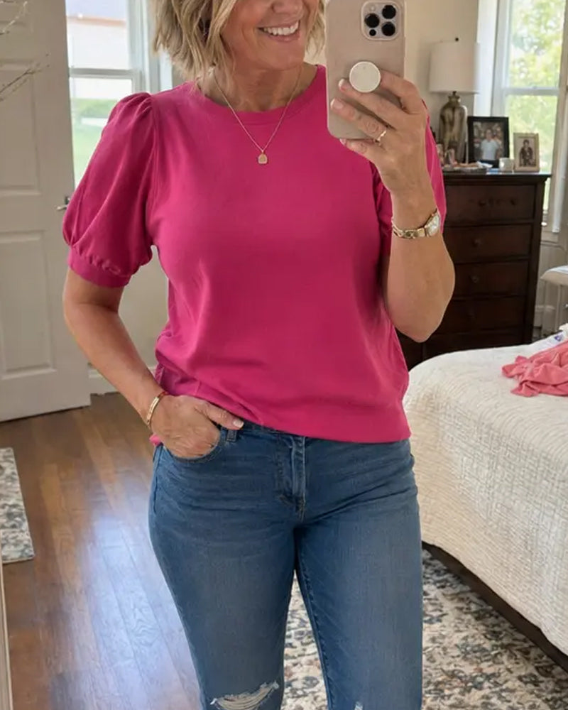 Puff Sleeve Knitted Short-Sleeve Pullover