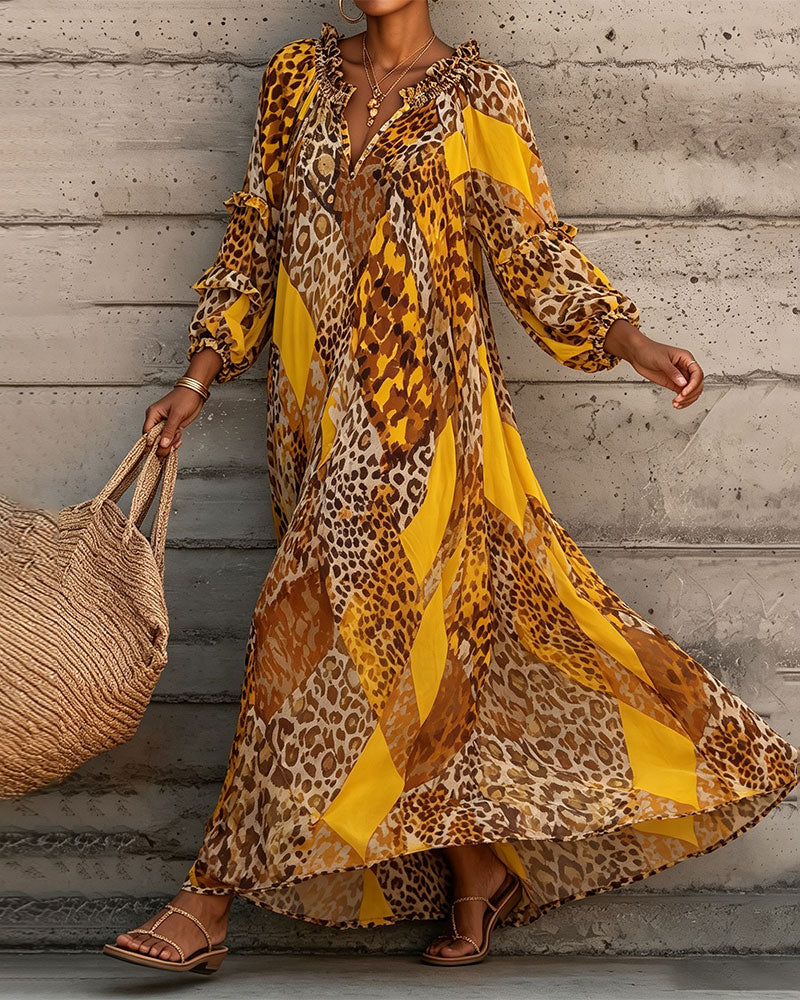 Leopard Color Block Ruffle V-Neck Dress