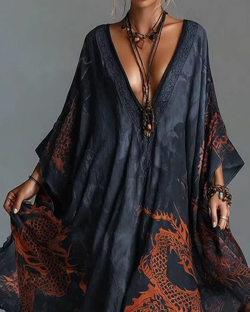 Red Dragon Pattern Bat Sleeve Deep V Dress