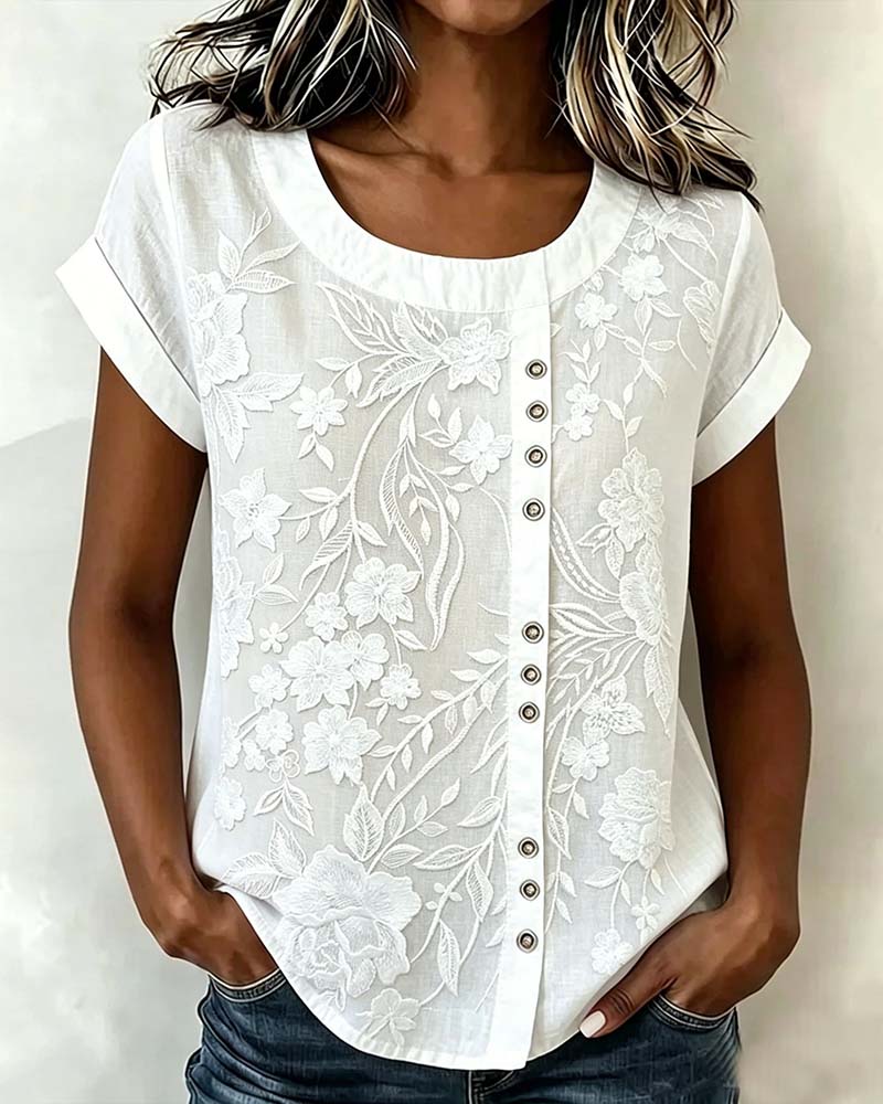 Floral Button Crewneck Short Sleeve Blouse