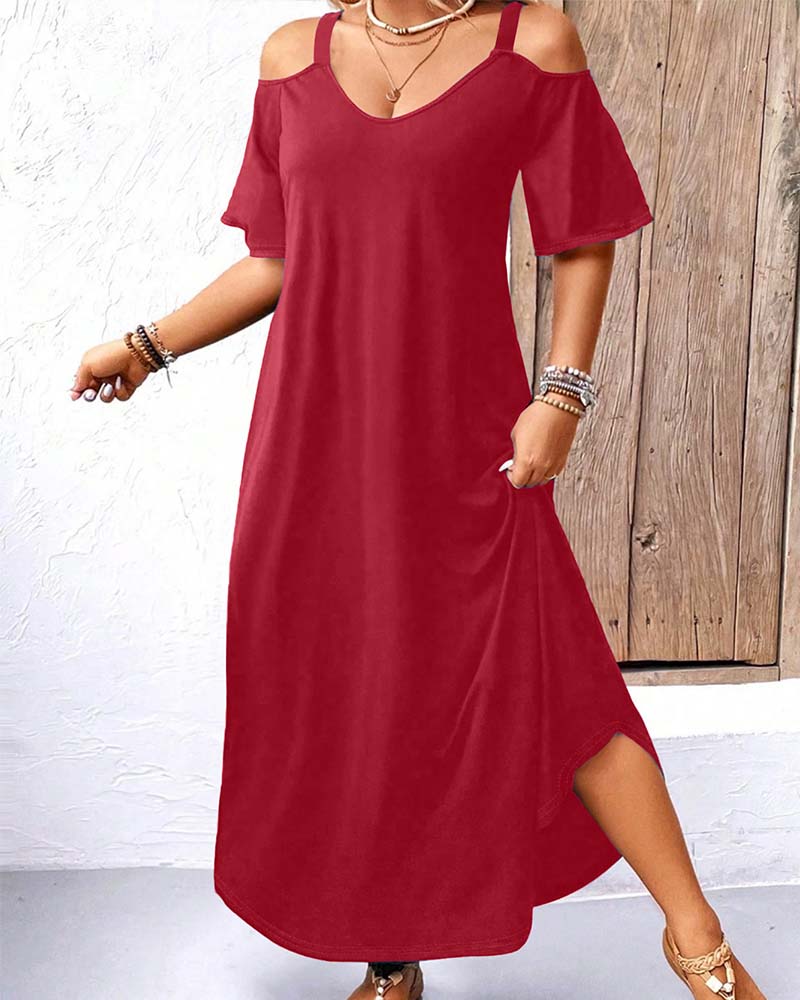 Solid V-Neck Off-Shoulder Long Dress