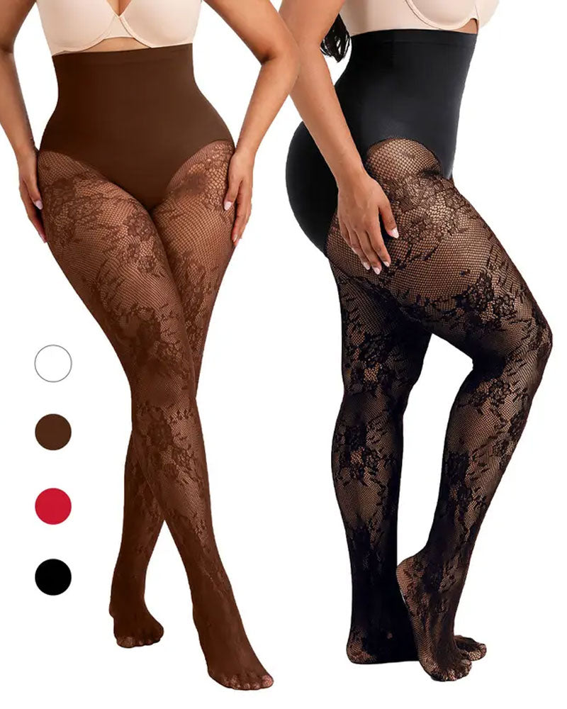 Women‘s High-Waist Shaping Tights with Floral Lace