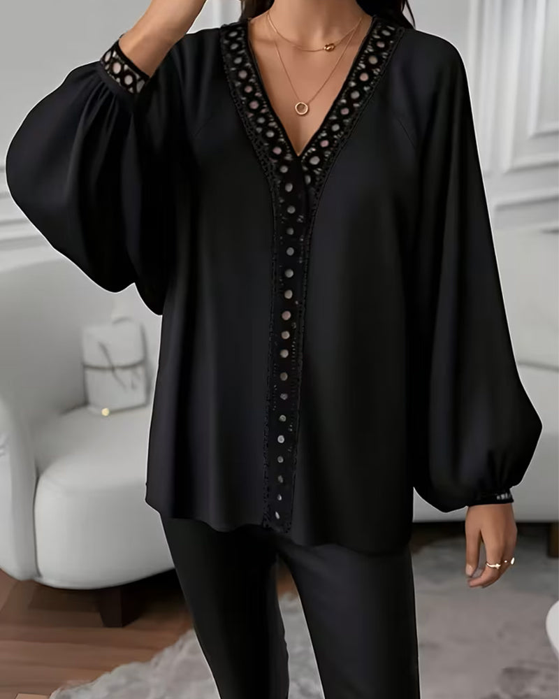 Lantern Sleeve V-Neck Loose Blouse