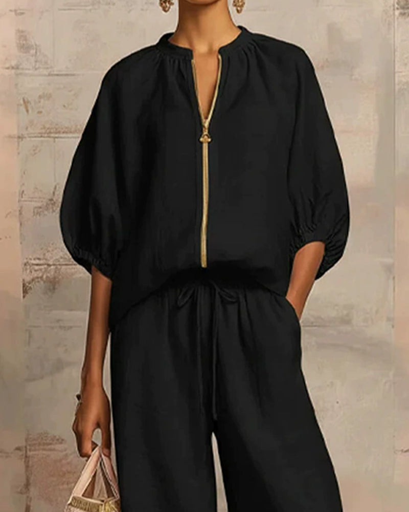 Zipper Crewneck Top Wide Leg Pants Two-Piece Sets
