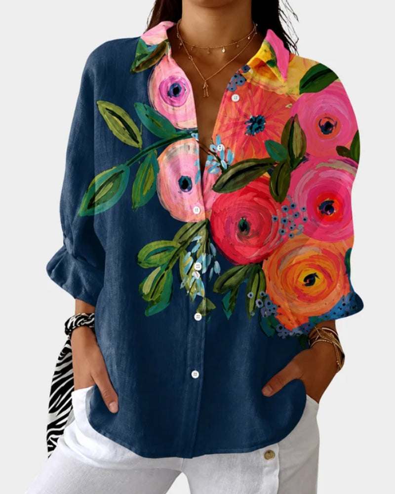 Oil Painting-Style Floral Long-Sleeve Shirt