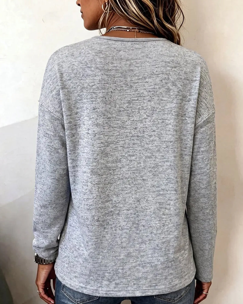 V-Neck Button Draped Loose Fit Sweatshirt