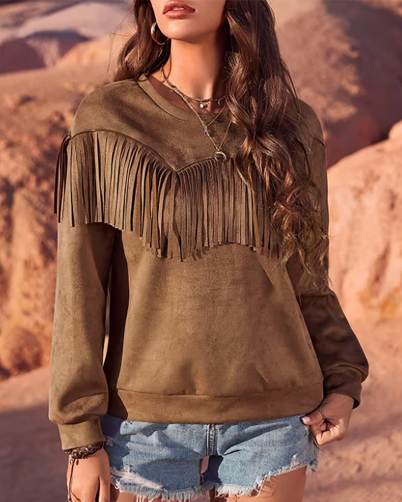 Long-Sleeved Solid Color Crew Neck Top