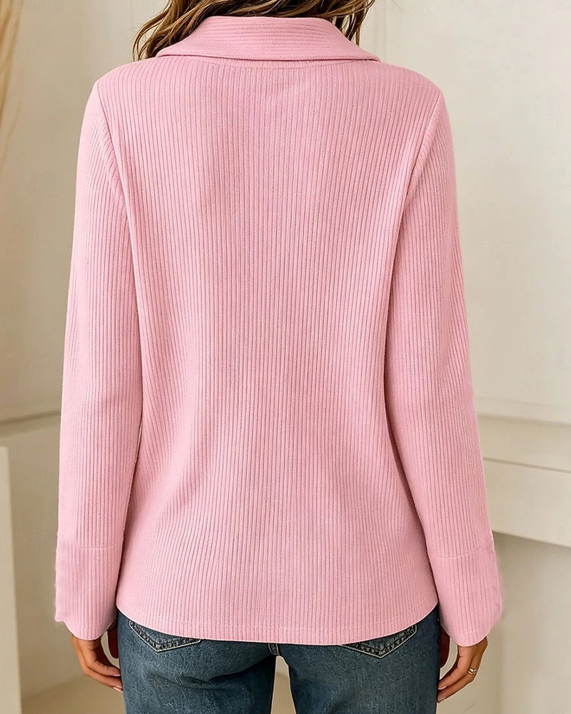 Solid Button V-Neck Long Sleeve Top