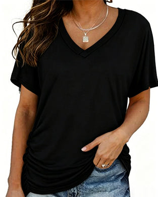 Pleated Solid Color V-Neck T-Shirt