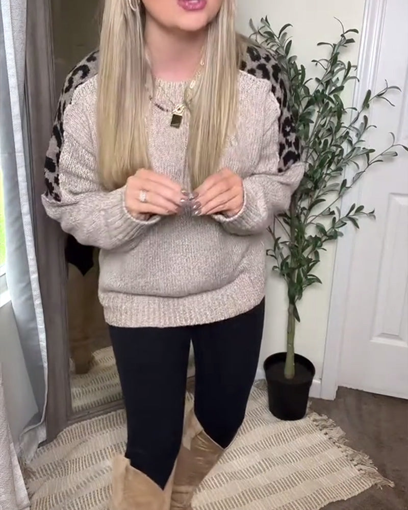 Casual Round Neck Leopard Print Patchwork Pullover
