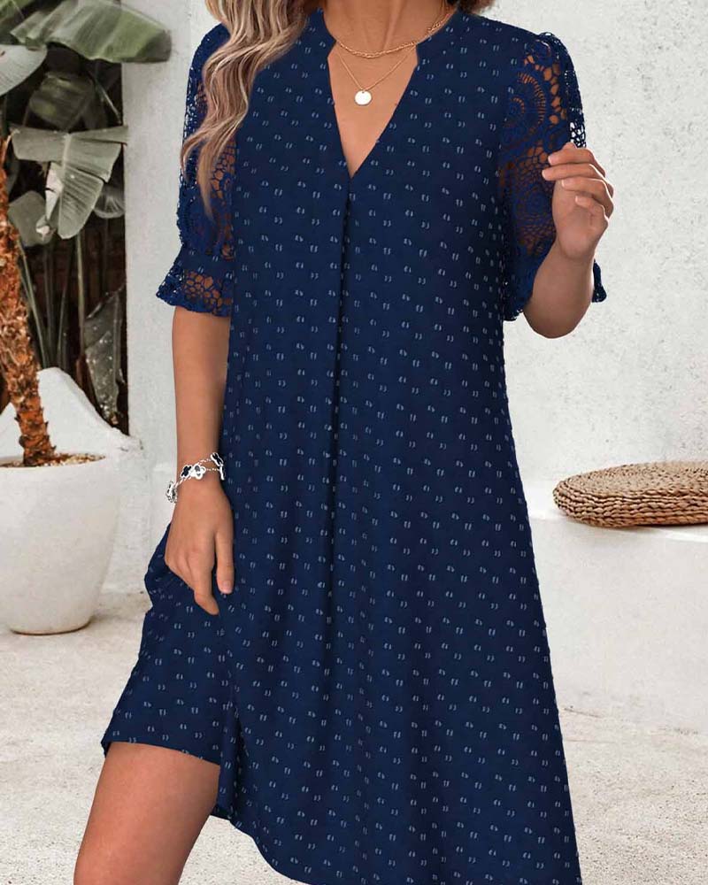 V-Neck Print Lace Patchwork A-Line Dress