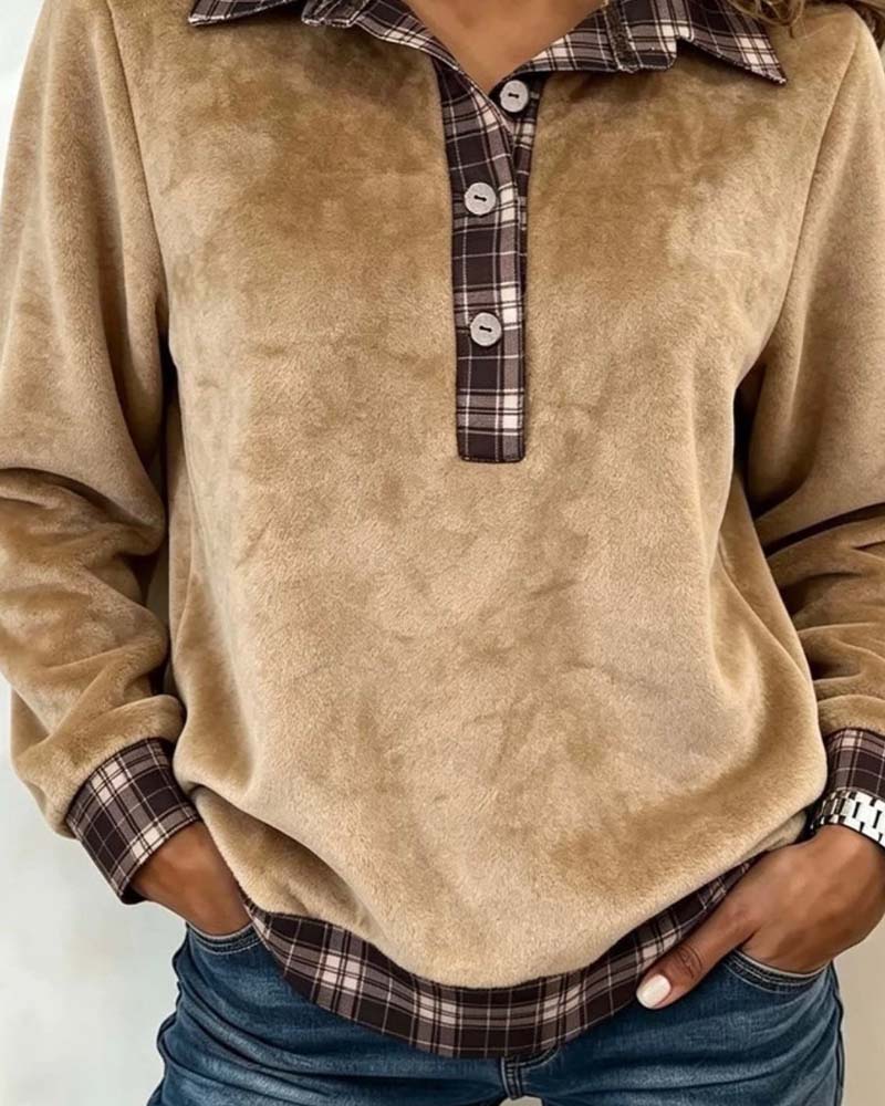 Lapel Button Plaid Patchwork Sweatshirt