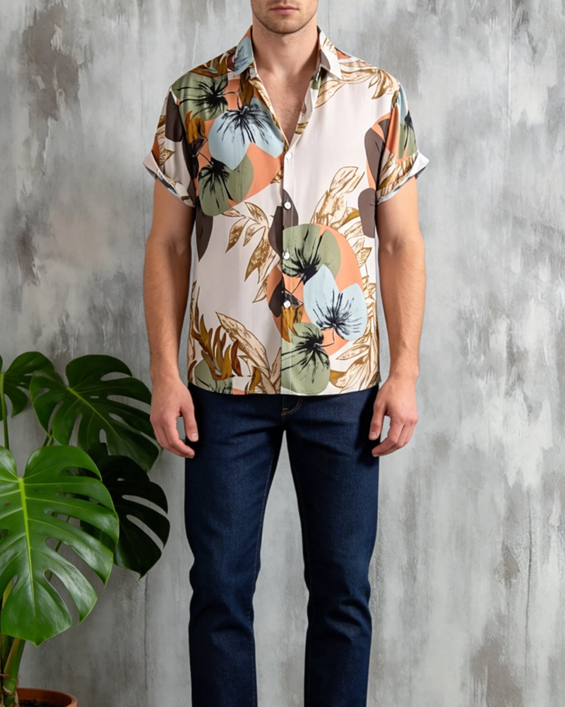 Vintage Botanical Print Short Sleeve Shirt