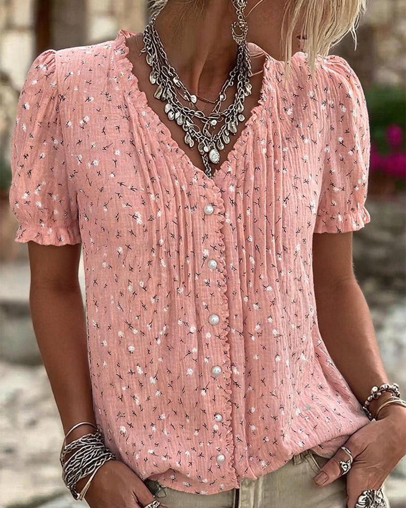 Puff Sleeve Floral Print Short-Sleeve Blouse