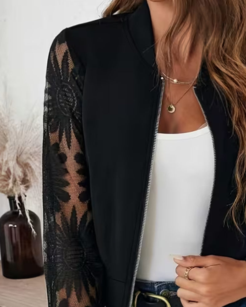 Zip-Up Lace Panel Solid Coat