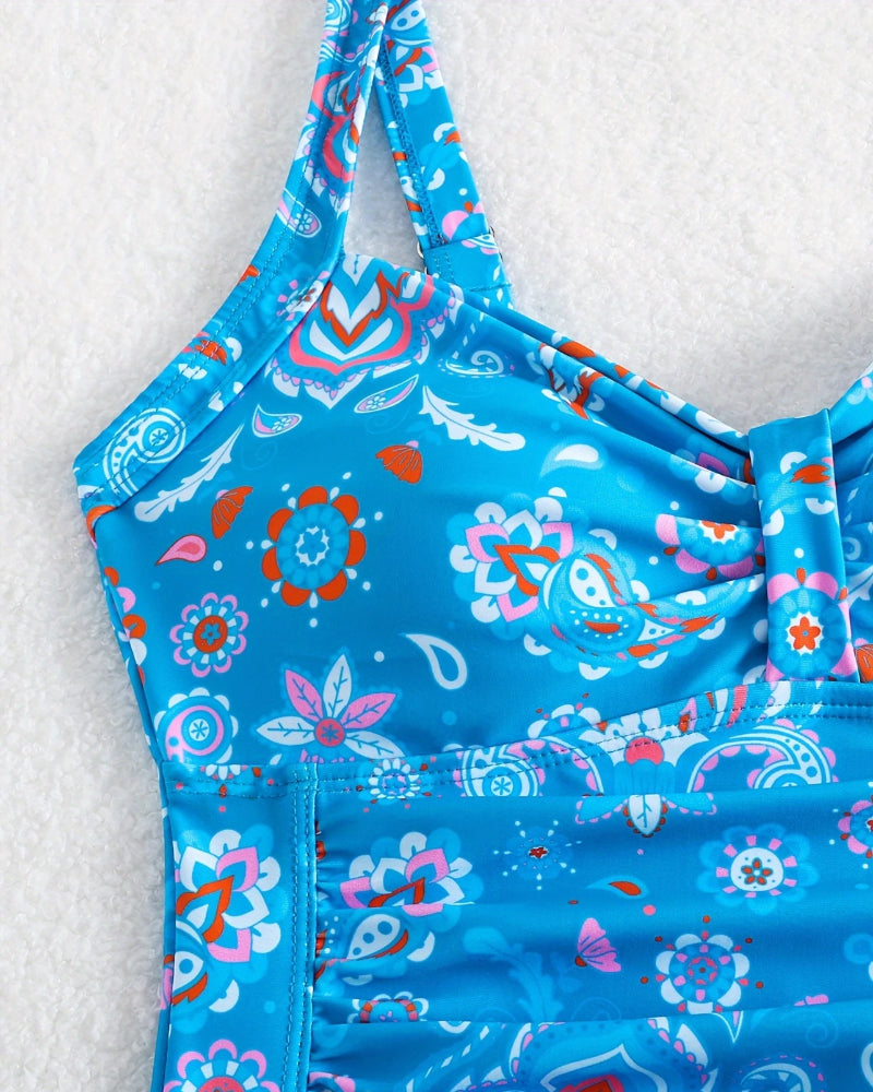 Vest Pleated Floral One-Piece Swimsuit