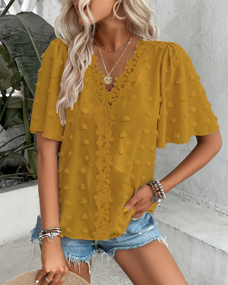 Spliced Jacquard Ruffle Sleeve Blouse