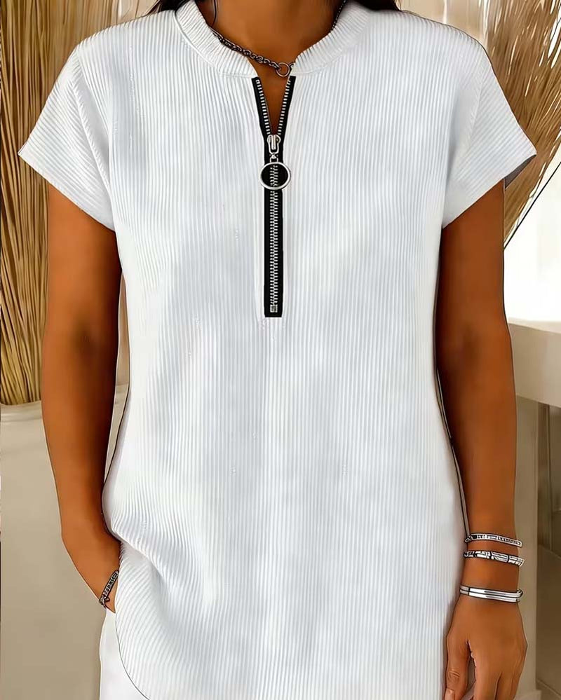Solid Short Sleeve Zip Blouse