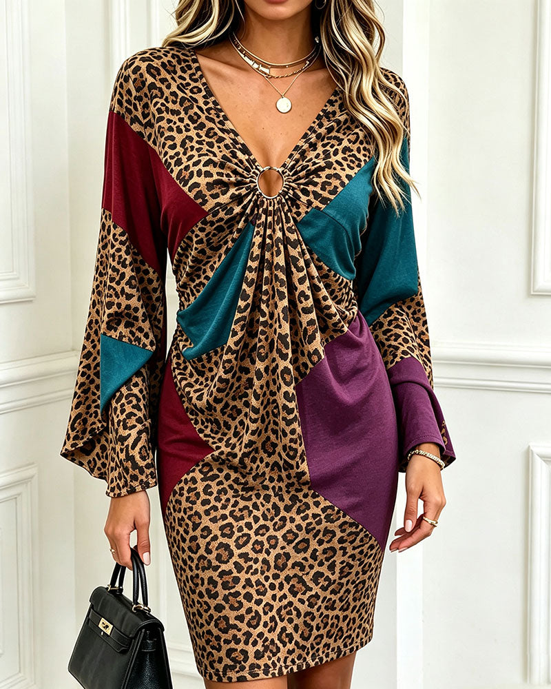 V-Neck Metal Button Leopard Print Contrast Color Dress