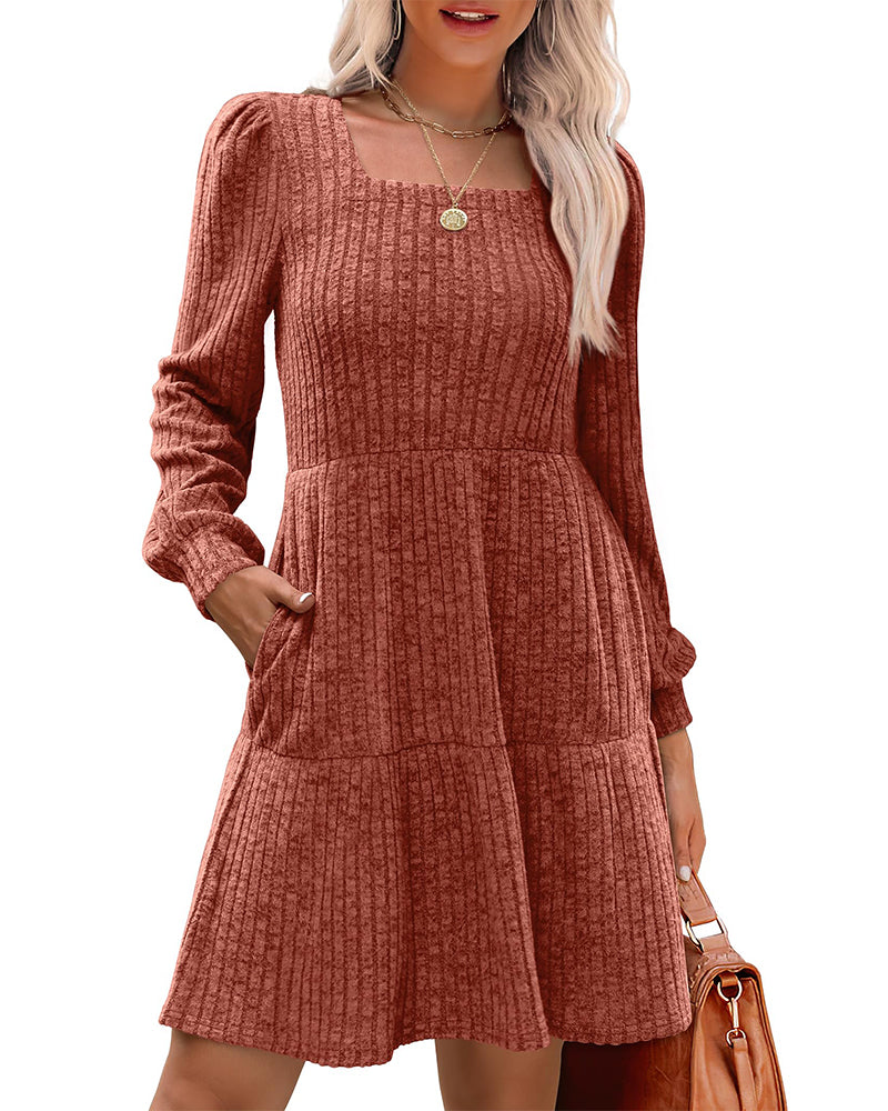 🍂2025 Autumn New Style⏰Women's Square Neck Lantern Sleeve Ribbed Dress