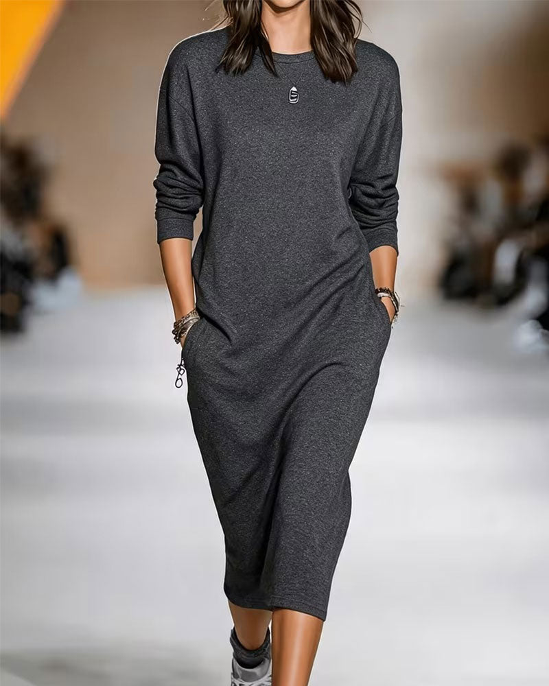 Crew Neck Pocket Solid Dress