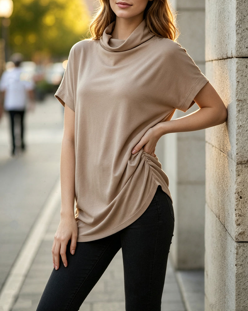 Mock Neck Short Sleeve Side Ruched Blouse